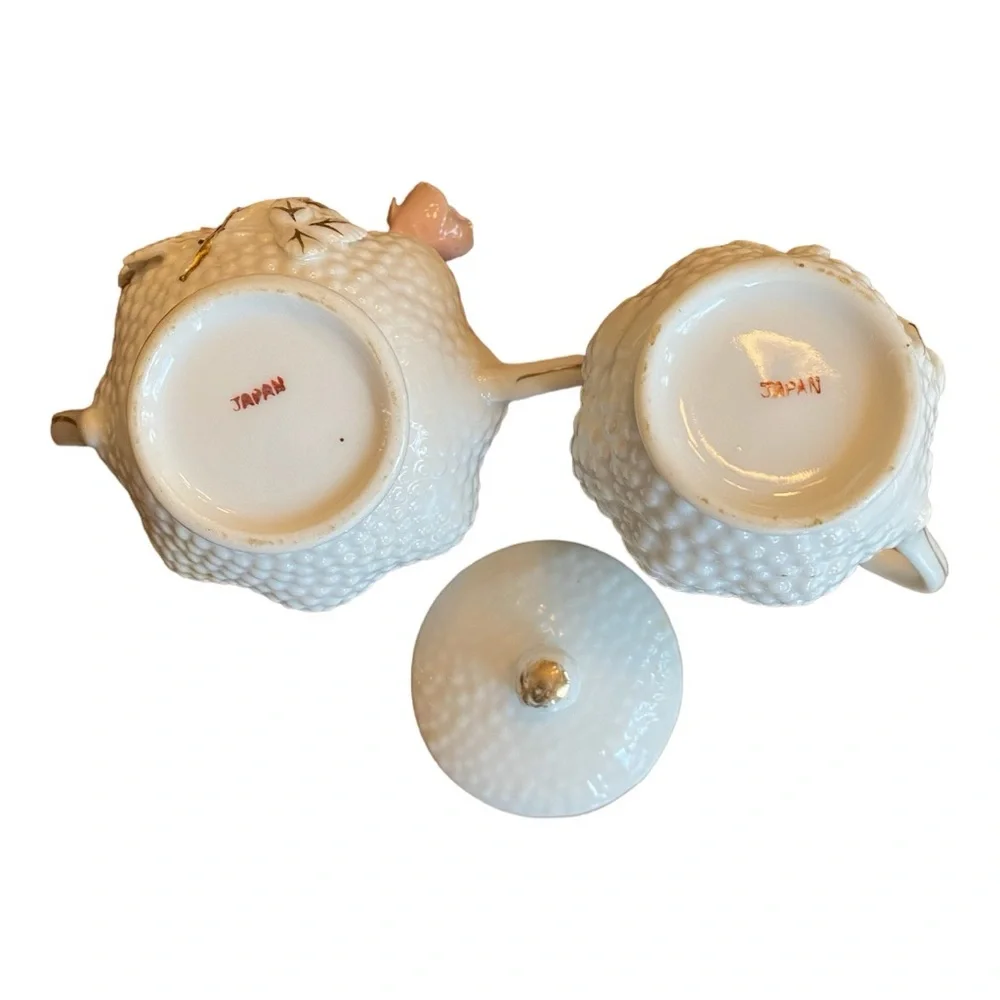 Vintage Japanese Porcelain Demi Creamer Sugar Set Hobnail 3D Pink Rose
